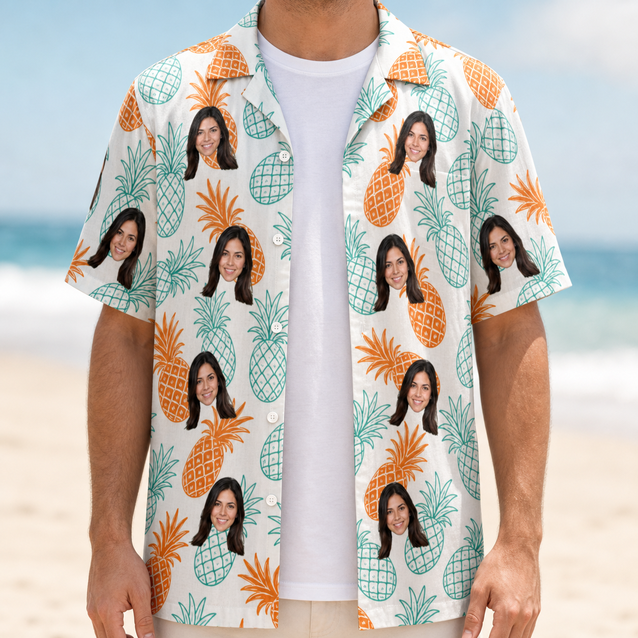 Man wearing Men's Spiky Staycation Custom Face Hawaiian Shirt open over a white tee