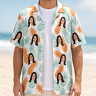Man wearing Men's Spiky Staycation Custom Face Hawaiian Shirt open over a white tee