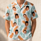 Model wearing Men's Spiky Staycation Custom Face Hawaiian Shirt printed with kids' faces