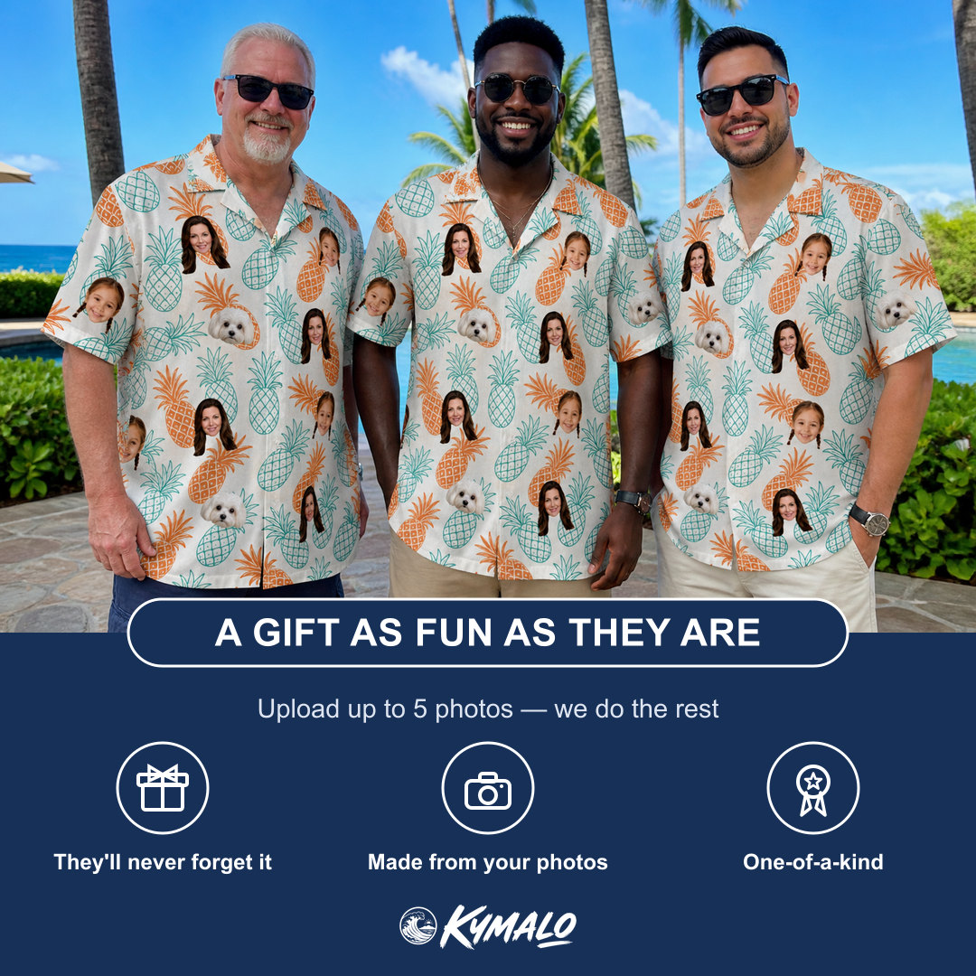 Friends in matching Men's Spiky Staycation Custom Face Hawaiian Shirt — a group gift photo