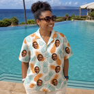Real-life photo of someone wearing Women's Spiky Staycation Custom Face Hawaiian Shirt — custom faces printed all-over