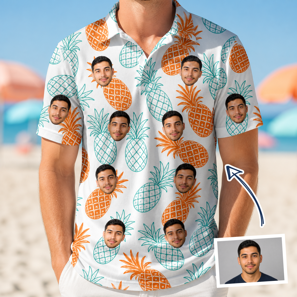 Man wearing Men's Spiky Staycation Custom Face Polo Shirt — custom faces printed all-over