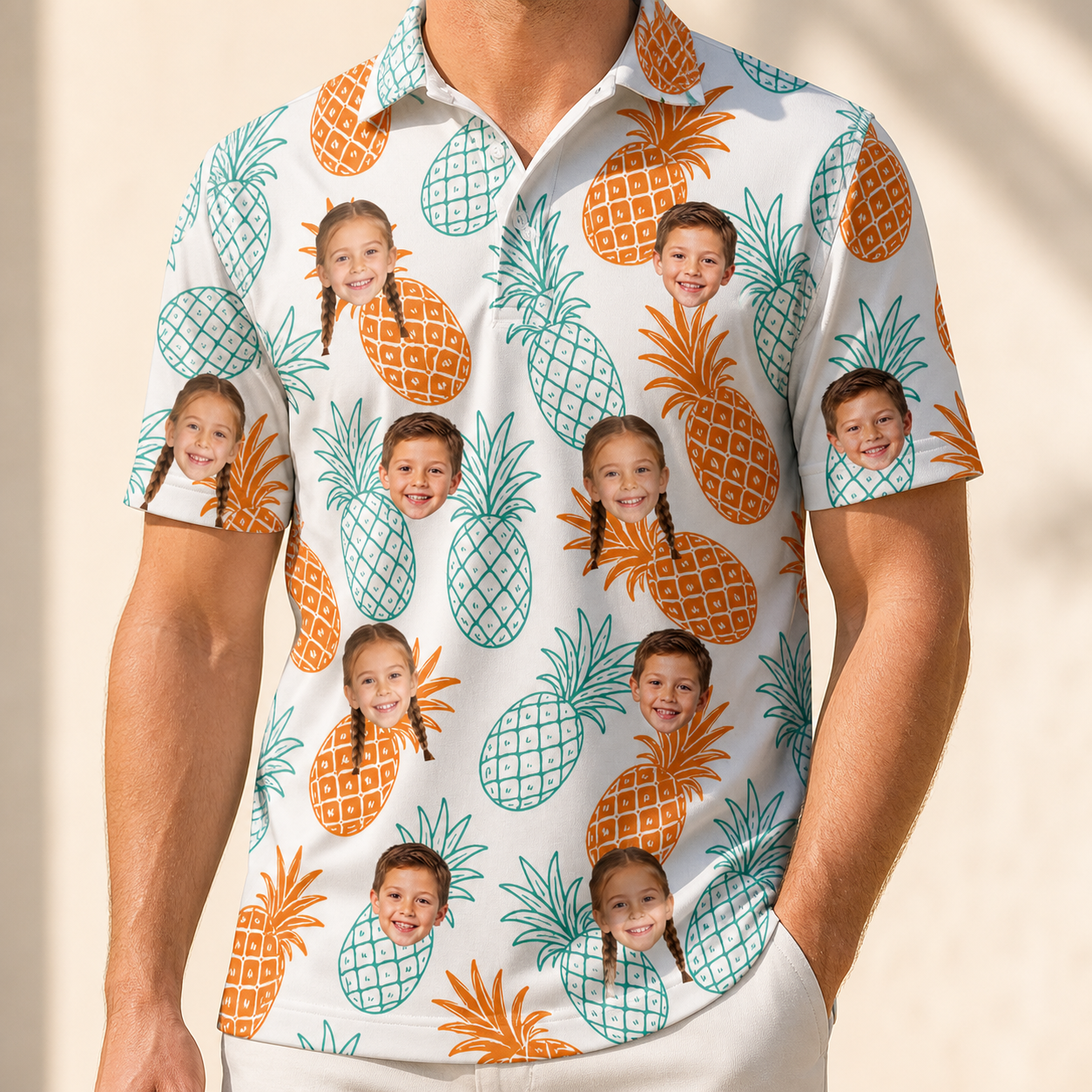 Model wearing Men's Spiky Staycation Custom Face Polo Shirt printed with kids' faces
