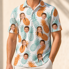 Model wearing Men's Spiky Staycation Custom Face Polo Shirt printed with kids' faces