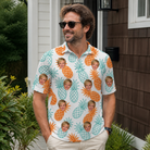 Real-life photo of someone wearing Men's Spiky Staycation Custom Face Polo Shirt — custom faces printed all-over