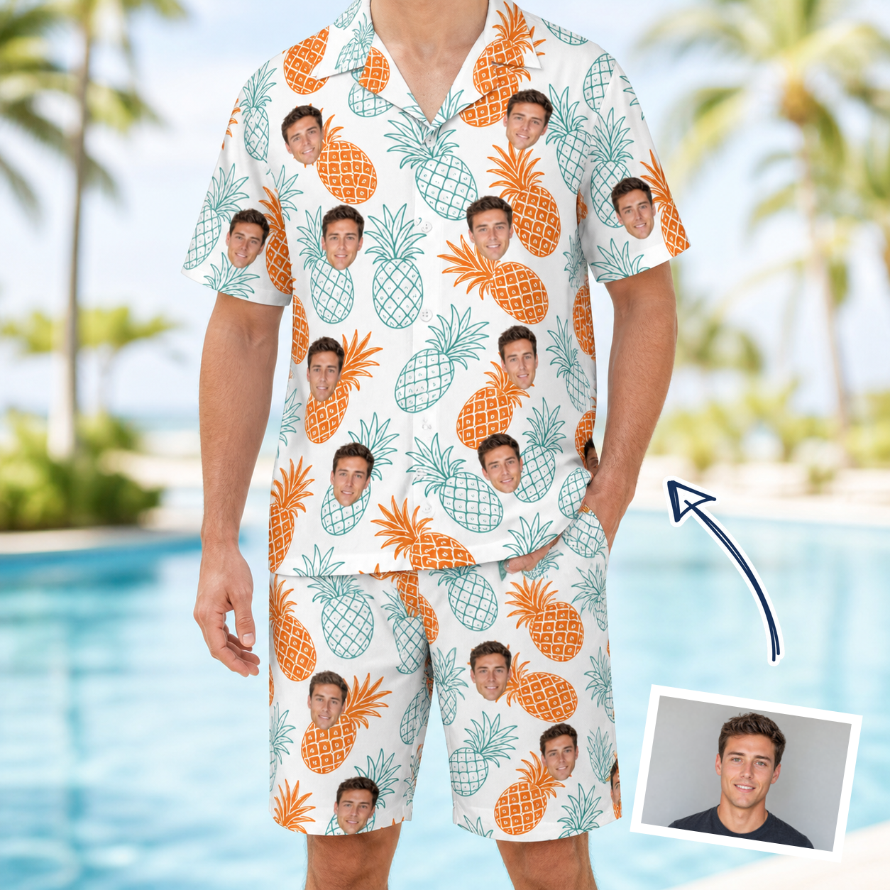 Man wearing Men's Spiky Staycation Custom Face Shirt & Shorts Set — custom faces printed all-over