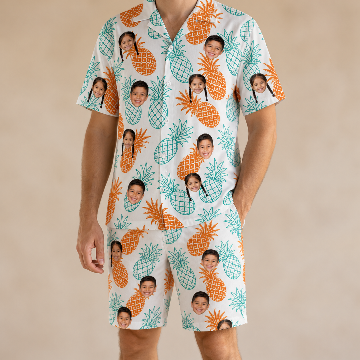 Model wearing Men's Spiky Staycation Custom Face Shirt & Shorts Set printed with kids' faces