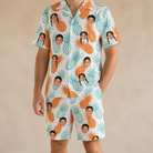 Model wearing Men's Spiky Staycation Custom Face Shirt & Shorts Set printed with kids' faces