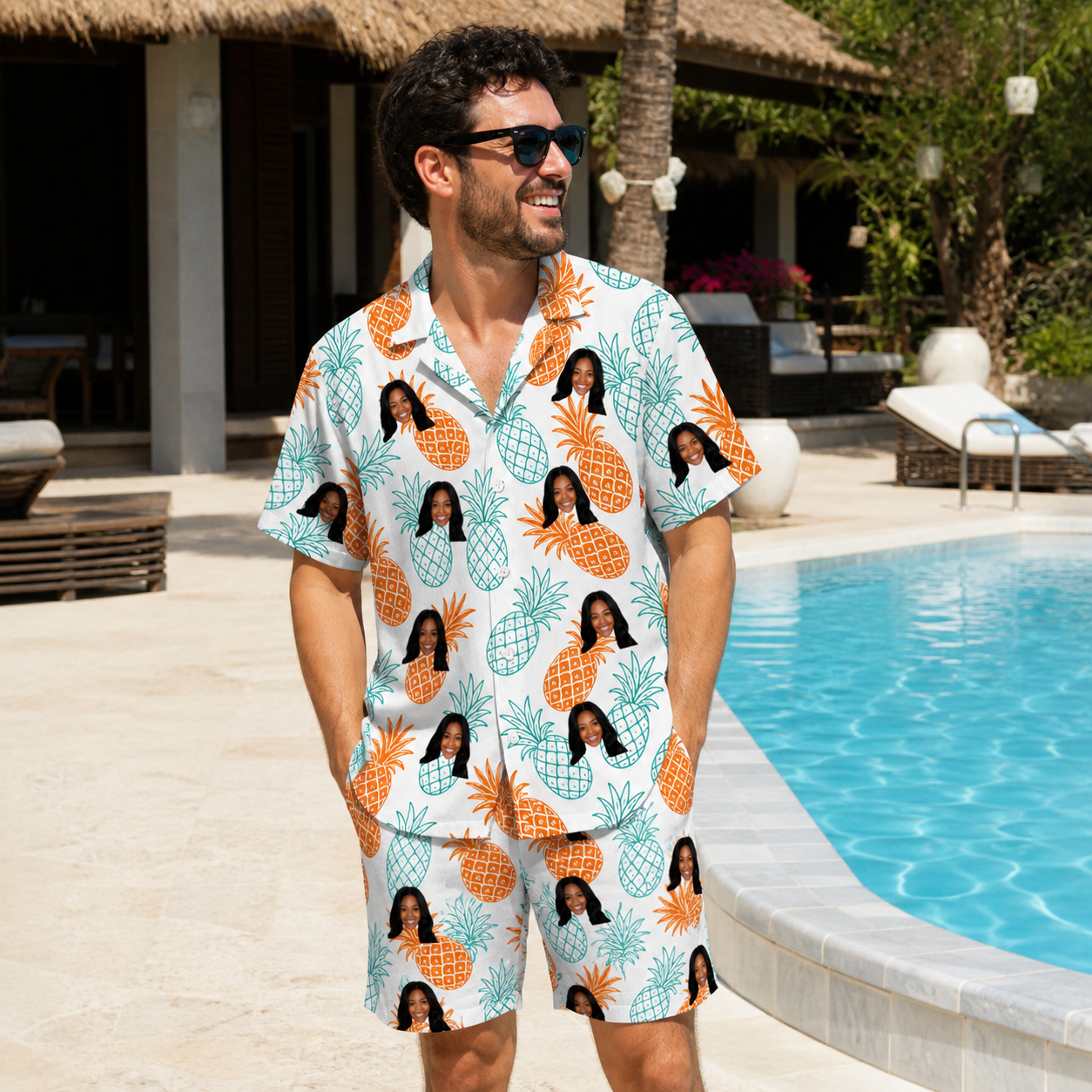 Real-life photo of someone wearing Men's Spiky Staycation Custom Face Shirt & Shorts Set — custom faces printed all-over