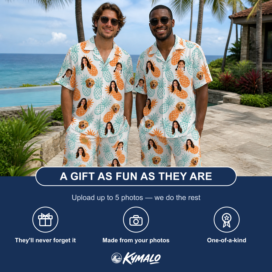 Friends in matching Men's Spiky Staycation Custom Face Shirt & Shorts Set — a group gift photo