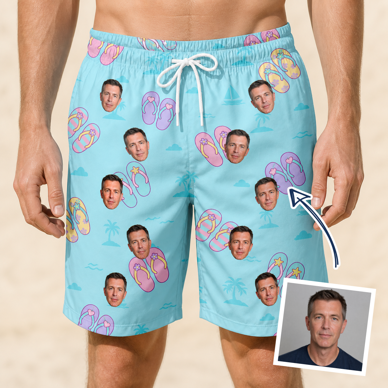 Man wearing Men's Flipflop Fanfare Custom Face Beach Shorts — custom faces printed all-over