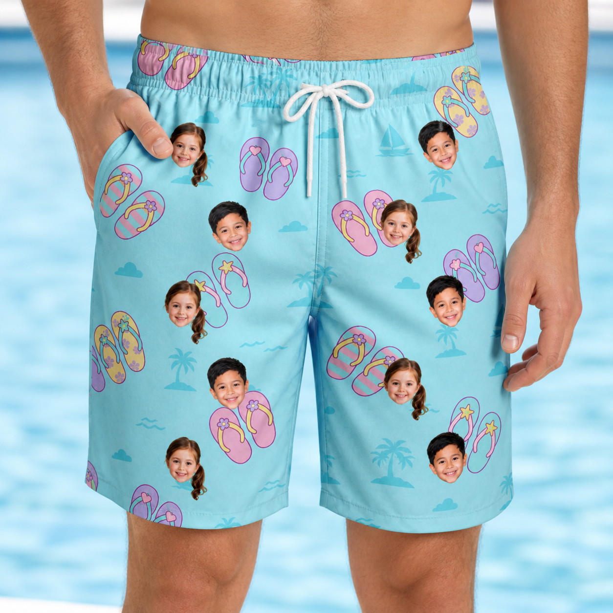 Model wearing Men's Flipflop Fanfare Custom Face Beach Shorts printed with kids' faces