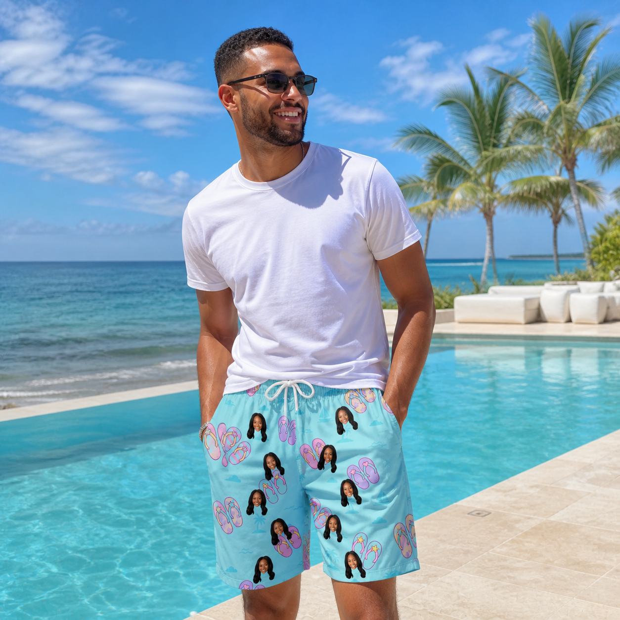 Real-life photo of someone wearing Men's Flipflop Fanfare Custom Face Beach Shorts — custom faces printed all-over