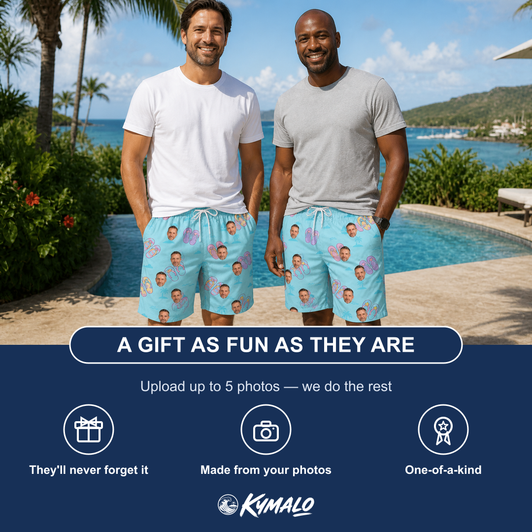 Friends in matching Men's Flipflop Fanfare Custom Face Beach Shorts — a group gift photo