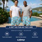 Friends in matching Men's Flipflop Fanfare Custom Face Beach Shorts — a group gift photo