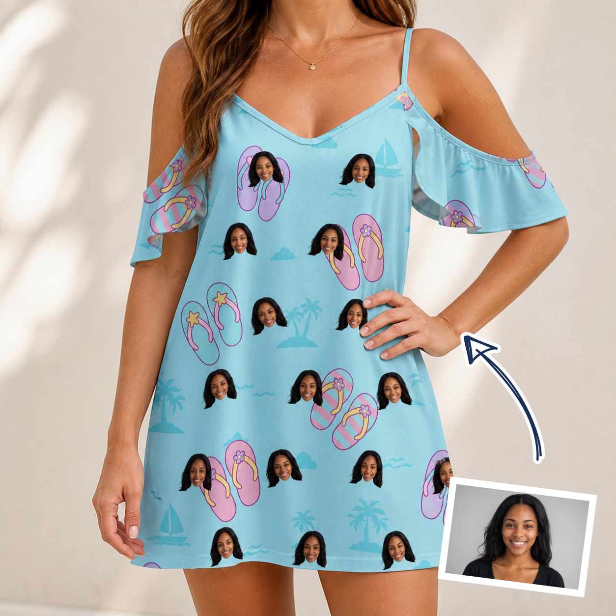 Woman wearing Women's Flipflop Fanfare Custom Face Off-Shoulder Dress — custom faces printed all-over
