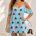 Woman wearing Women's Flipflop Fanfare Custom Face Off-Shoulder Dress — custom faces printed all-over