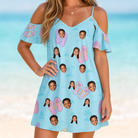 Model wearing Women's Flipflop Fanfare Custom Face Off-Shoulder Dress printed with kids' faces