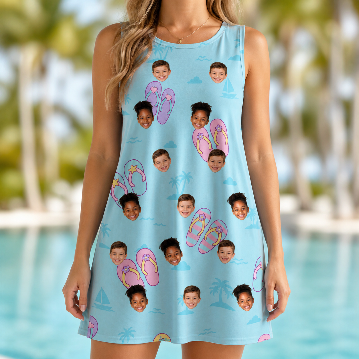 Model wearing Women's Flipflop Fanfare Custom Face Tank Dress printed with kids' faces