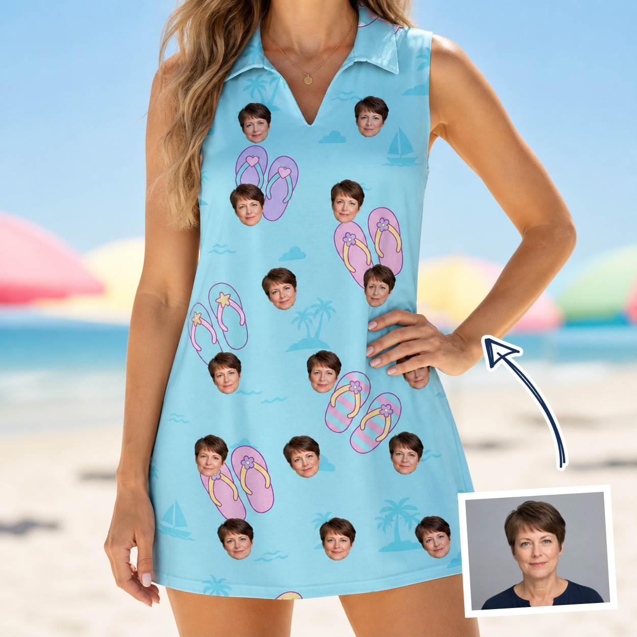 Woman wearing Women's Flipflop Fanfare Custom Face V-Neck Dress — custom faces printed all-over