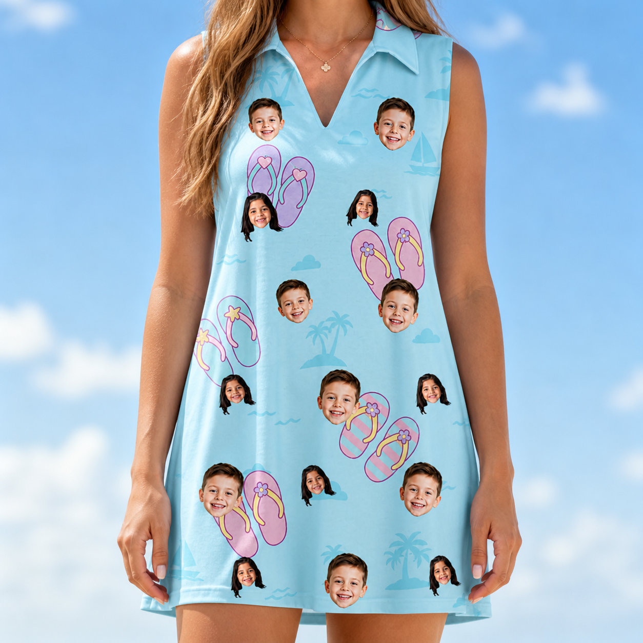Model wearing Women's Flipflop Fanfare Custom Face V-Neck Dress printed with kids' faces