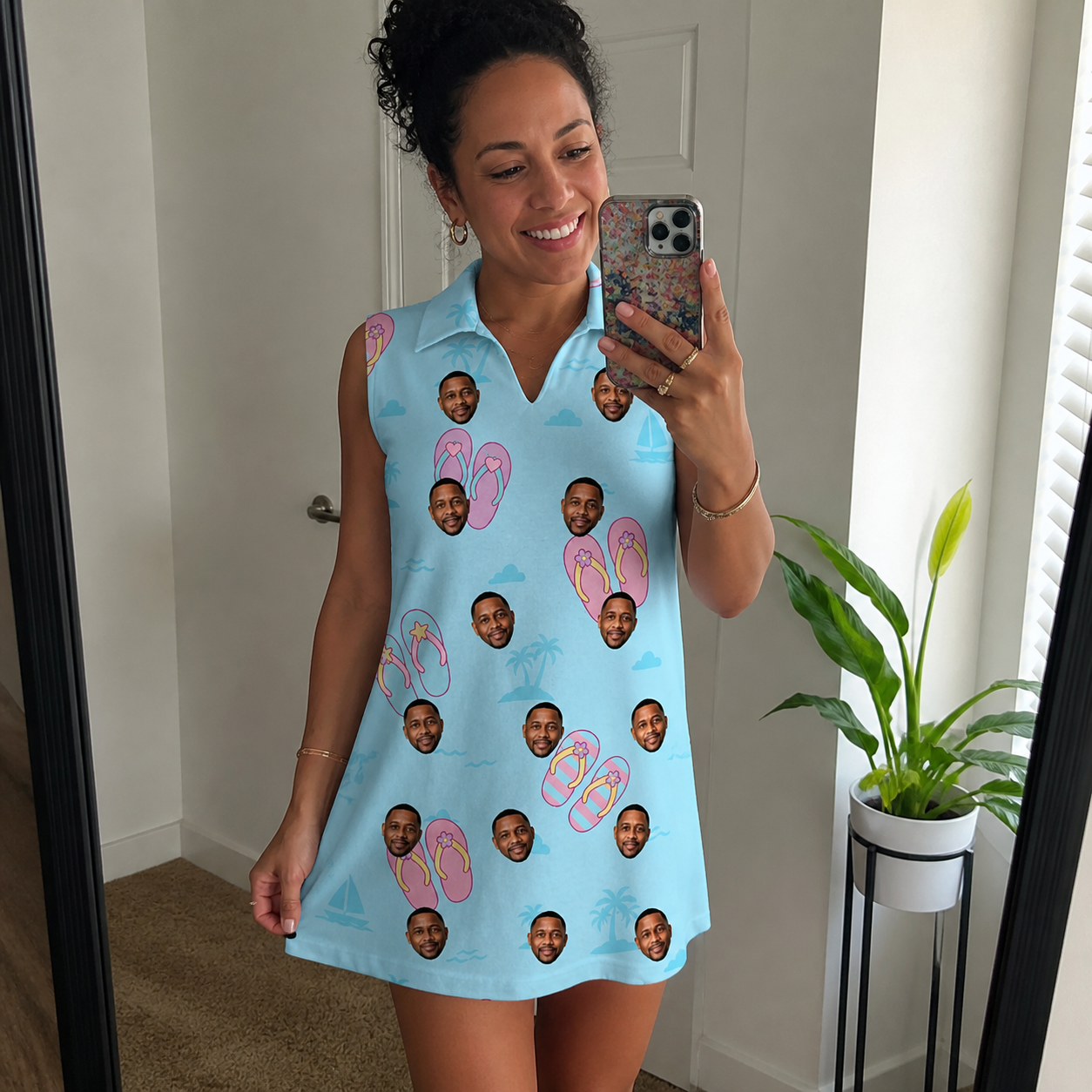 Real-life photo of someone wearing Women's Flipflop Fanfare Custom Face V-Neck Dress — custom faces printed all-over