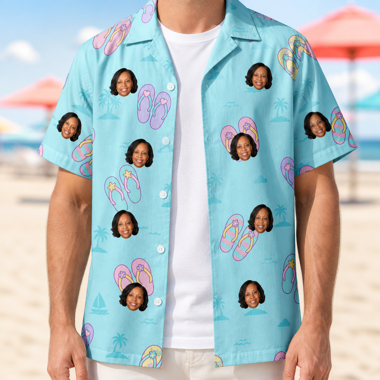 Man wearing Men's Flipflop Fanfare Custom Face Hawaiian Shirt open over a white tee