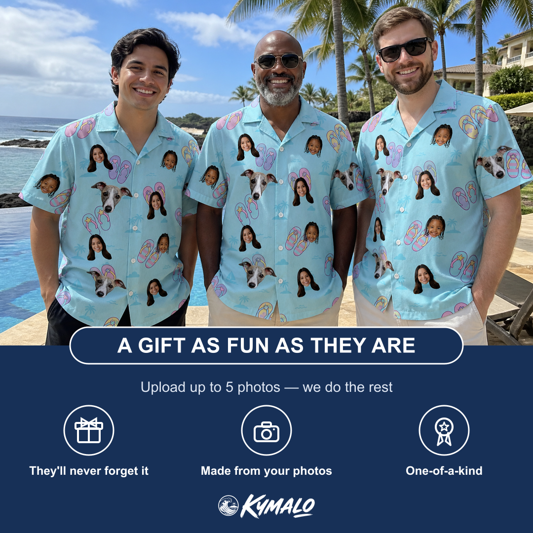 Friends in matching Men's Flipflop Fanfare Custom Face Hawaiian Shirt — a group gift photo