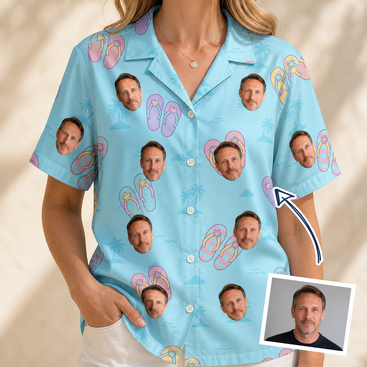 Woman wearing Women's Flipflop Fanfare Custom Face Hawaiian Shirt — custom faces printed all-over