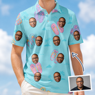 Man wearing Men's Flipflop Fanfare Custom Face Polo Shirt — custom faces printed all-over