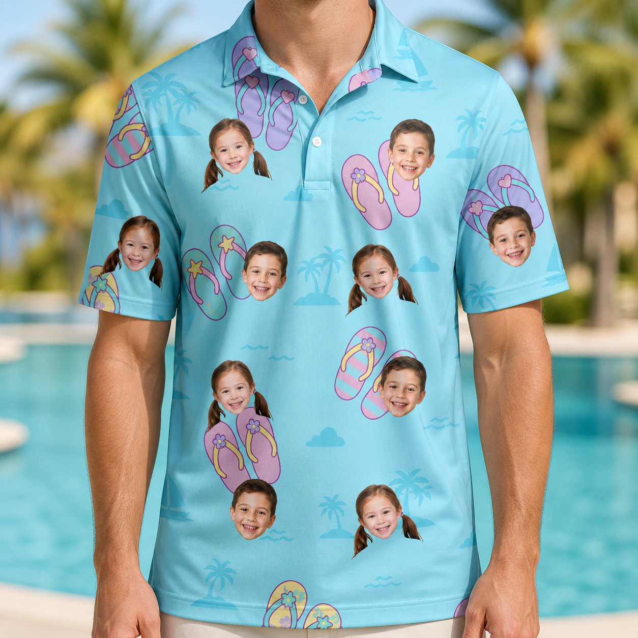 Model wearing Men's Flipflop Fanfare Custom Face Polo Shirt printed with kids' faces