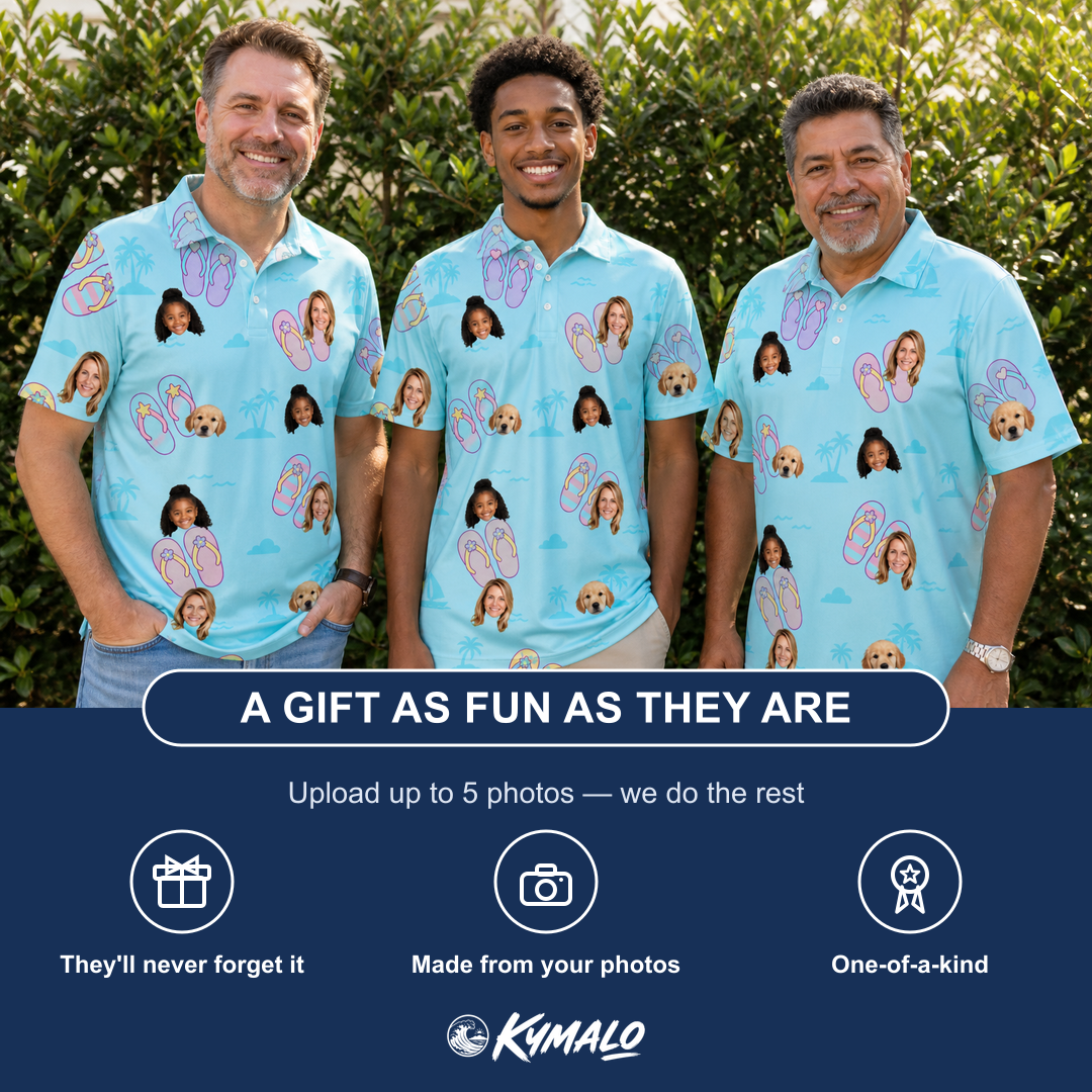 Friends in matching Men's Flipflop Fanfare Custom Face Polo Shirt — a group gift photo