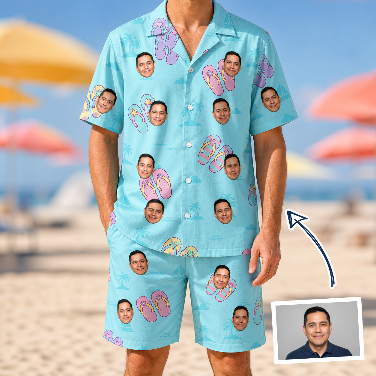 Man wearing Men's Flipflop Fanfare Custom Face Shirt & Shorts Set — custom faces printed all-over