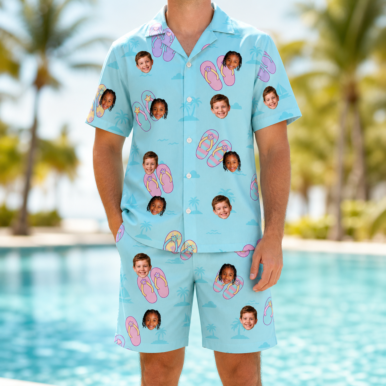 Model wearing Men's Flipflop Fanfare Custom Face Shirt & Shorts Set printed with kids' faces