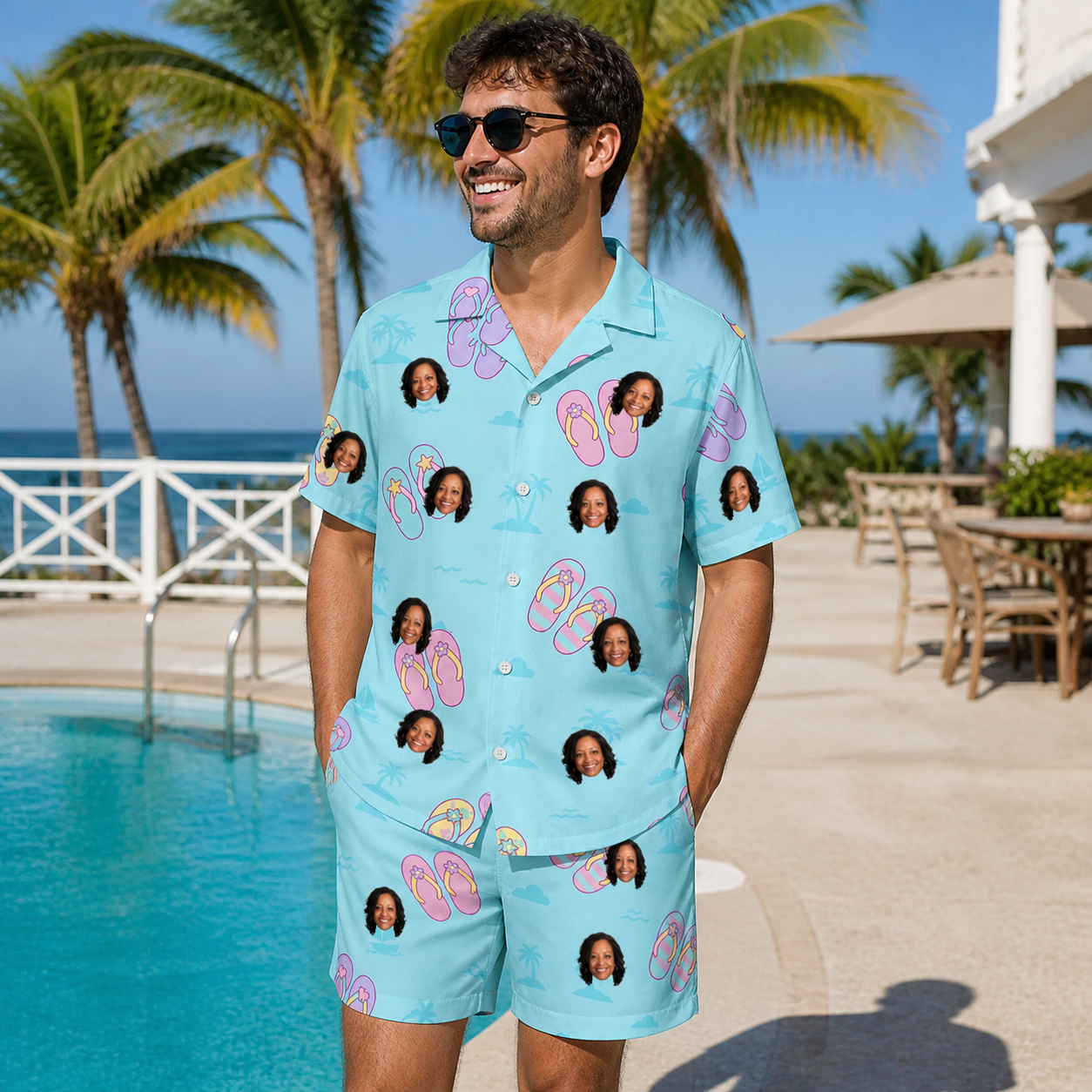 Real-life photo of someone wearing Men's Flipflop Fanfare Custom Face Shirt & Shorts Set — custom faces printed all-over