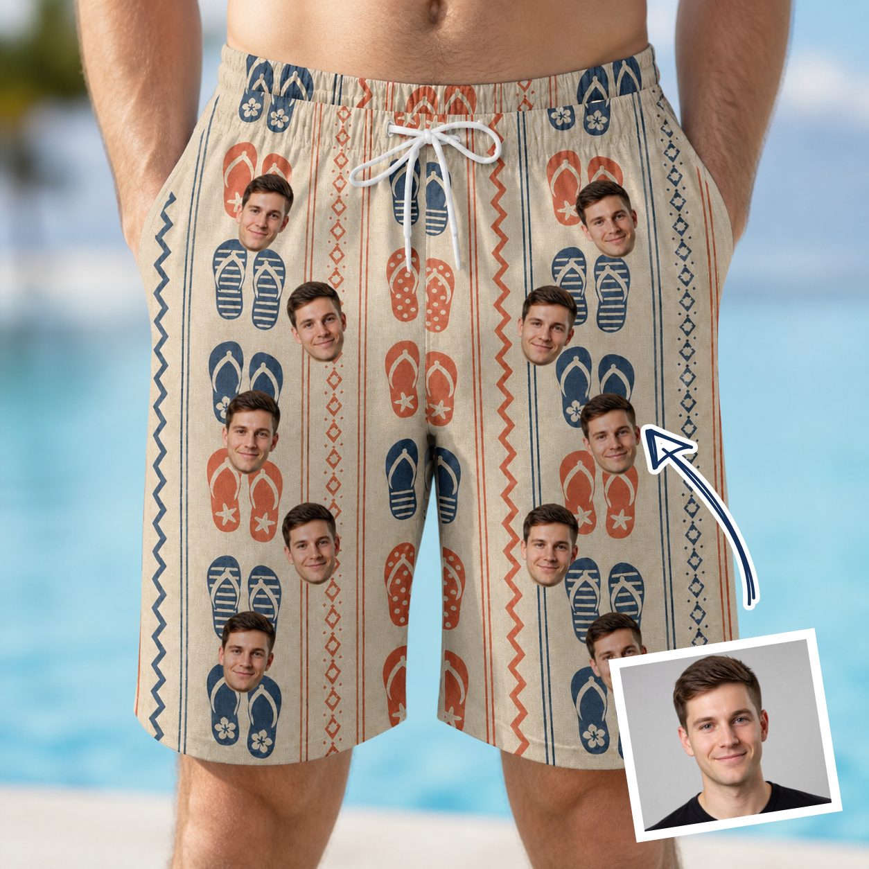Man wearing Men's Sole Mates Custom Face Beach Shorts — custom faces printed all-over
