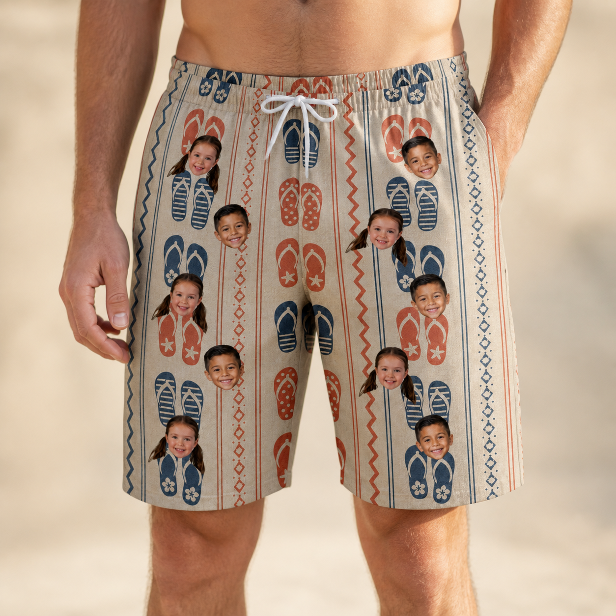 Model wearing Men's Sole Mates Custom Face Beach Shorts printed with kids' faces