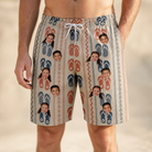 Model wearing Men's Sole Mates Custom Face Beach Shorts printed with kids' faces