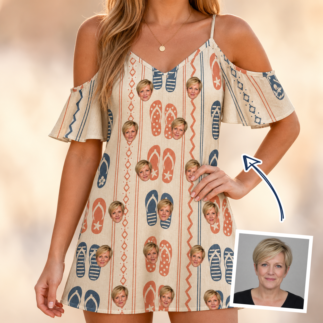 Woman wearing Women's Sole Mates Custom Face Off-Shoulder Dress — custom faces printed all-over