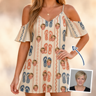 Woman wearing Women's Sole Mates Custom Face Off-Shoulder Dress — custom faces printed all-over