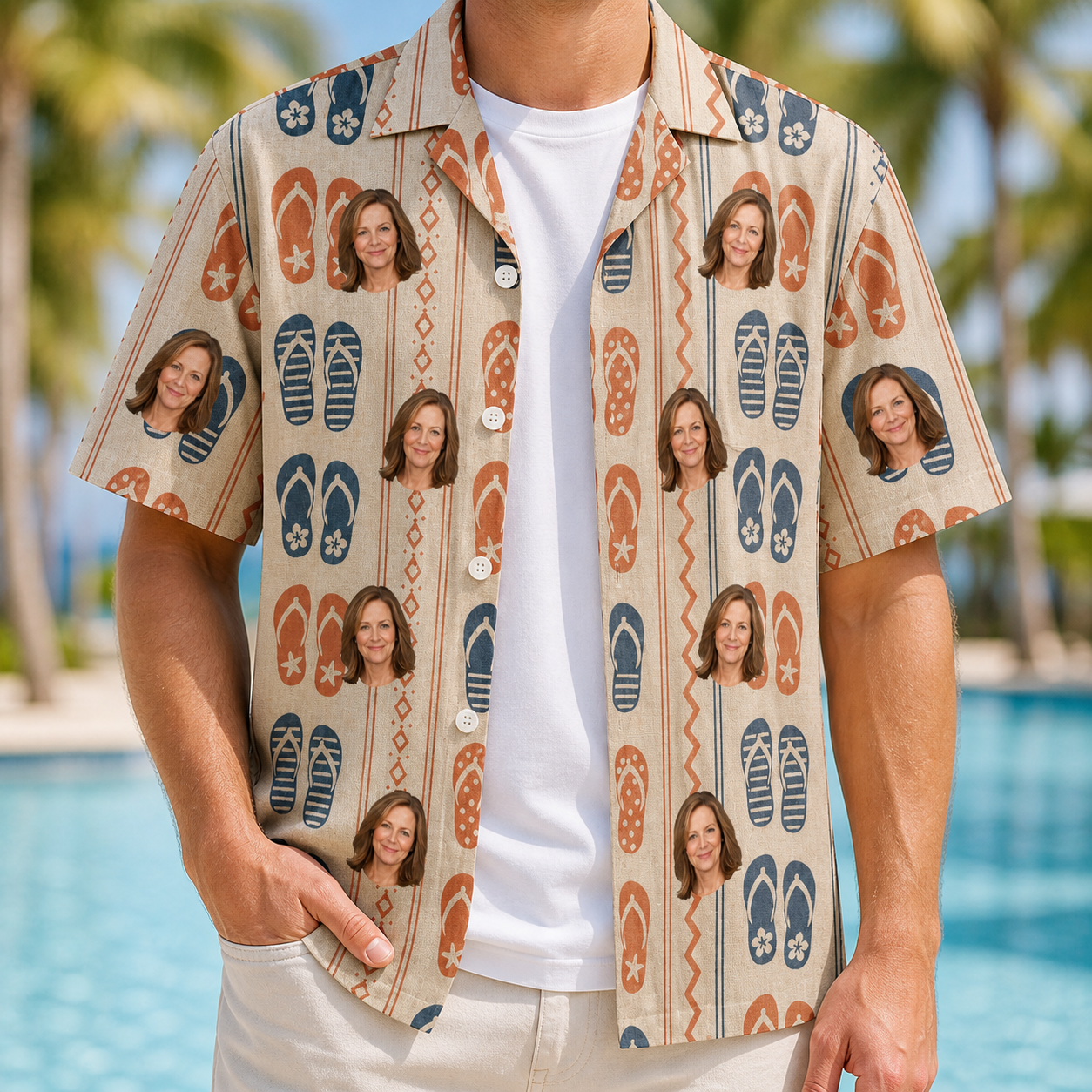 Man wearing Men's Sole Mates Custom Face Hawaiian Shirt open over a white tee