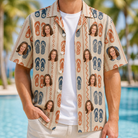 Man wearing Men's Sole Mates Custom Face Hawaiian Shirt open over a white tee