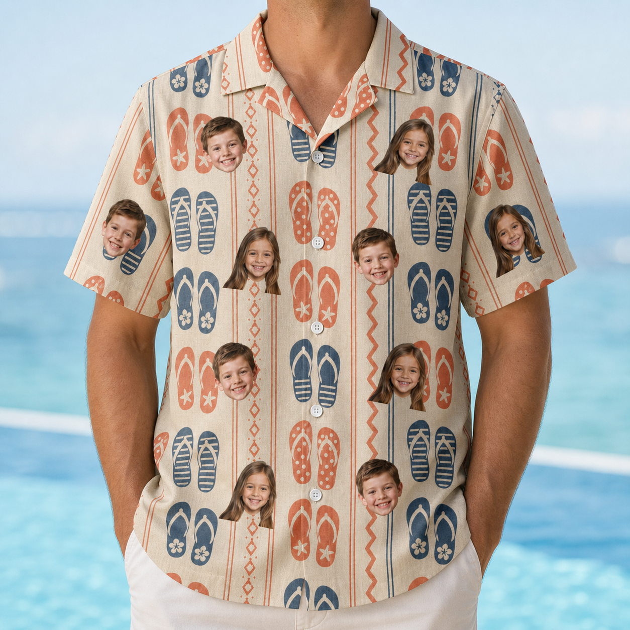 Model wearing Men's Sole Mates Custom Face Hawaiian Shirt printed with kids' faces