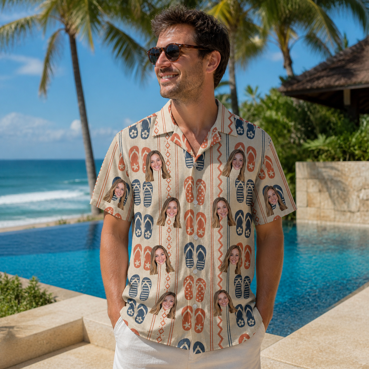Real-life photo of someone wearing Men's Sole Mates Custom Face Hawaiian Shirt — custom faces printed all-over