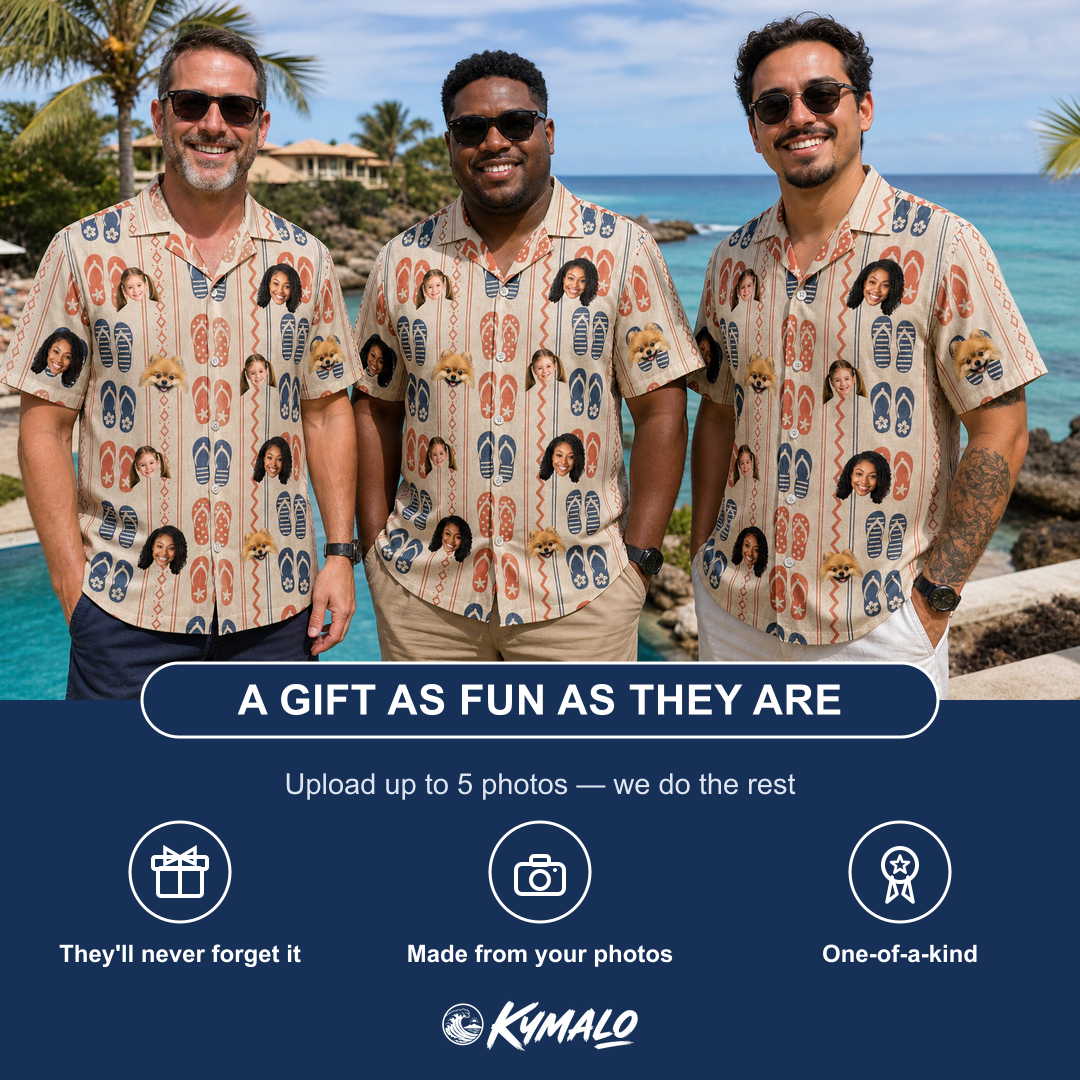 Friends in matching Men's Sole Mates Custom Face Hawaiian Shirt — a group gift photo