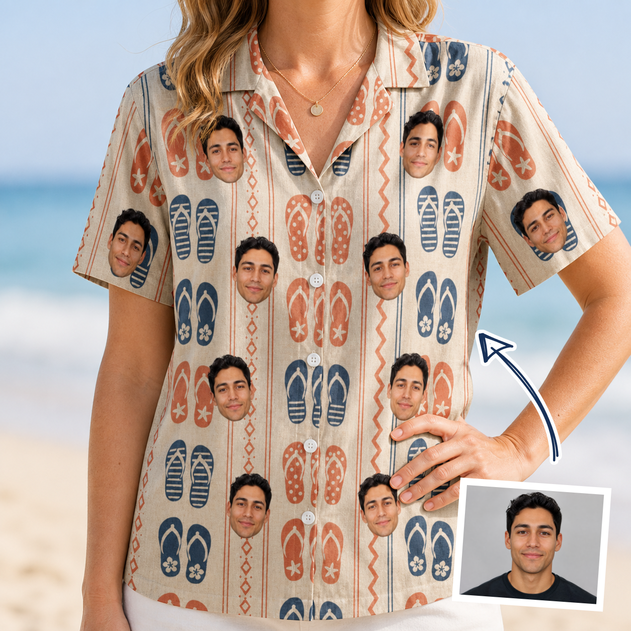 Woman wearing Women's Sole Mates Custom Face Hawaiian Shirt — custom faces printed all-over