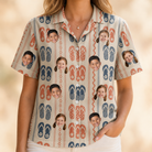 Model wearing Women's Sole Mates Custom Face Hawaiian Shirt printed with kids' faces