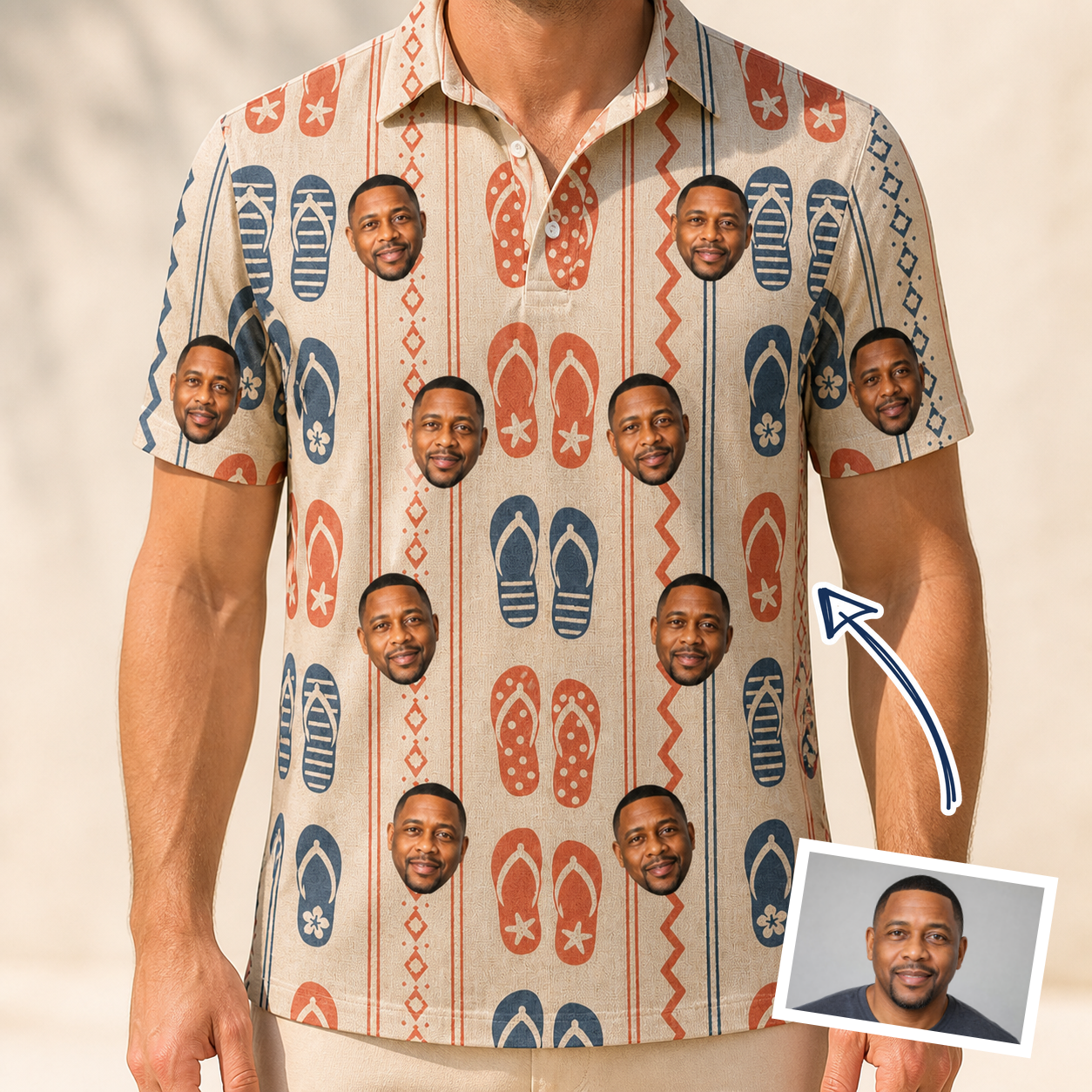 Man wearing Men's Sole Mates Custom Face Polo Shirt — custom faces printed all-over