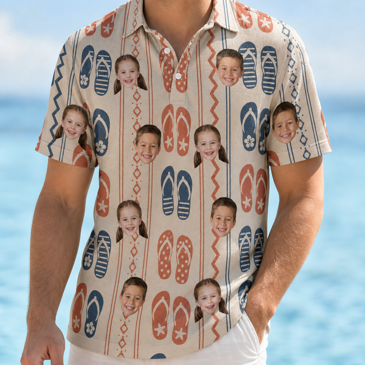 Model wearing Men's Sole Mates Custom Face Polo Shirt printed with kids' faces