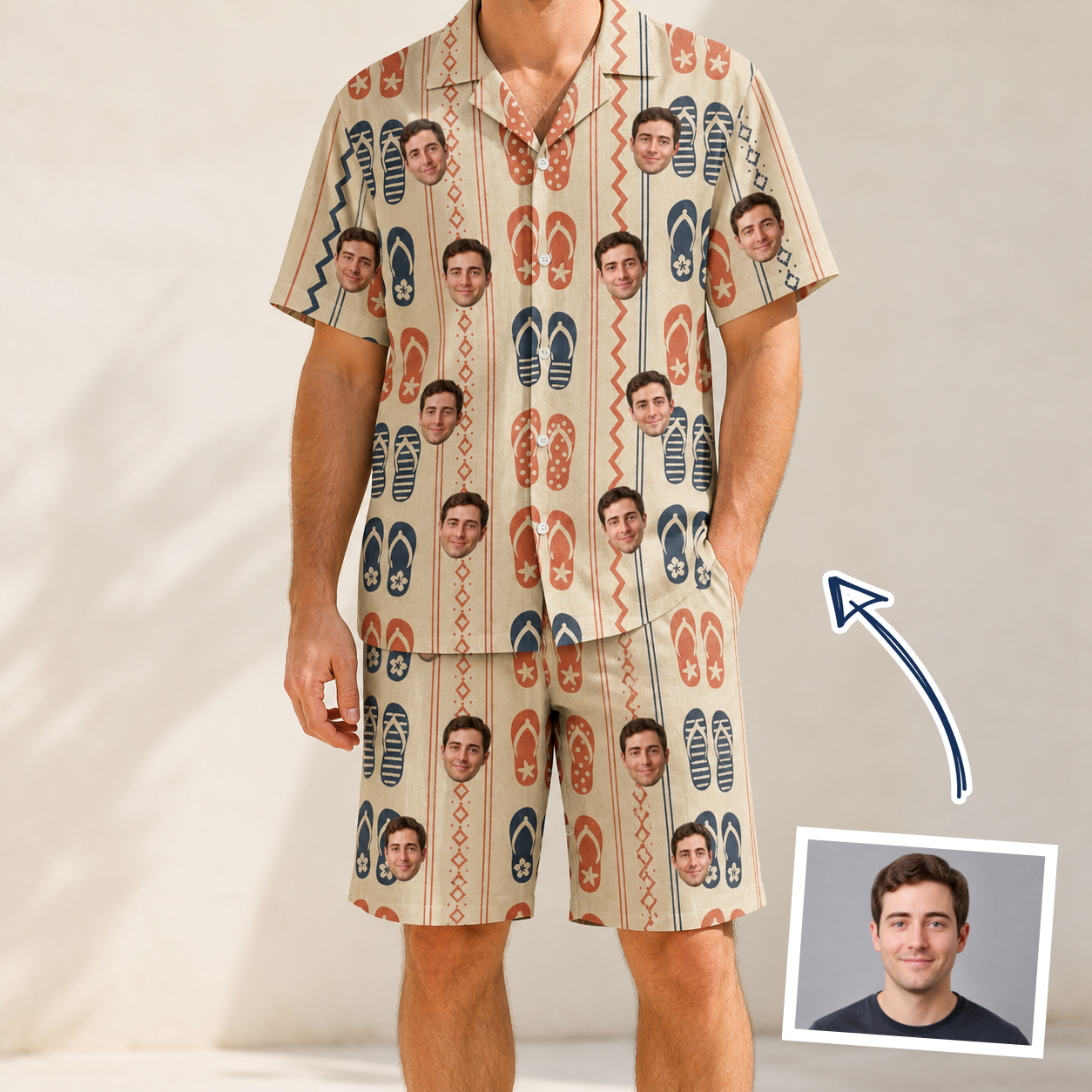 Man wearing Men's Sole Mates Custom Face Shirt & Shorts Set — custom faces printed all-over